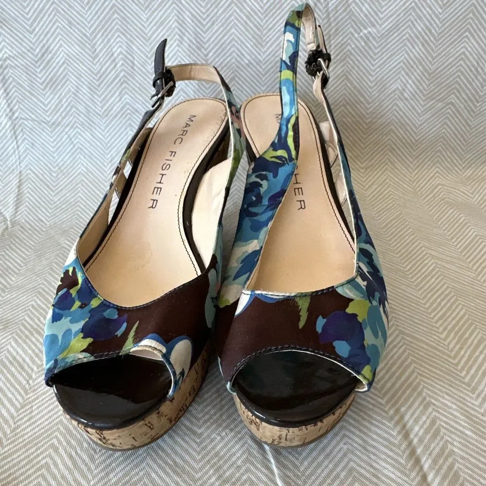 Marc Fisher Shoes Wedges‎ Peep Toe Heels Floral Cork Womens 6.5